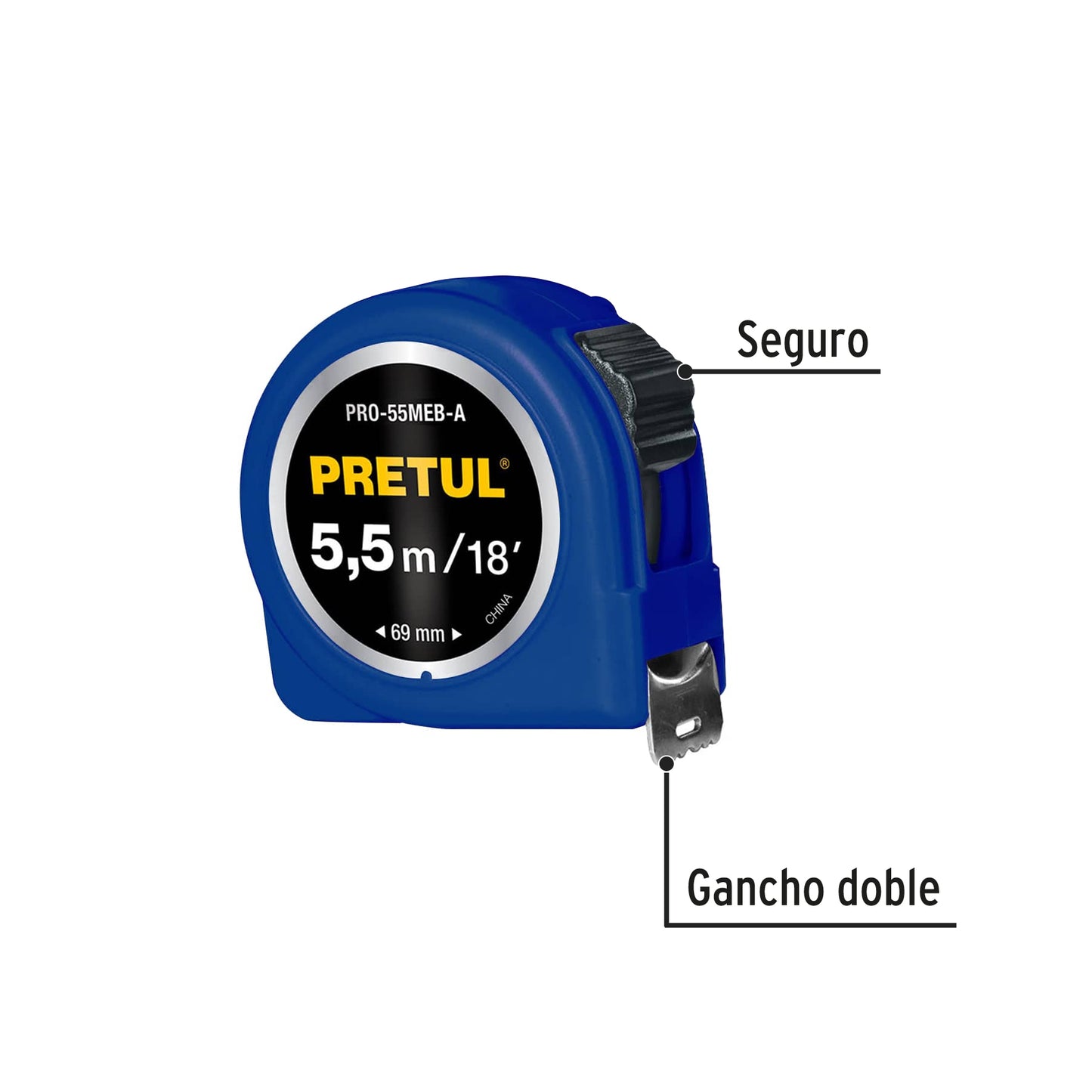 Flexómetro azul 5.5 m cinta 25 mm, en tarjeta, Pretul PRO-55MEB-A 28023 MM1