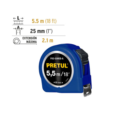 Flexómetro azul 5.5 m cinta 25 mm, en tarjeta, Pretul PRO-55MEB-A 28023 MM1