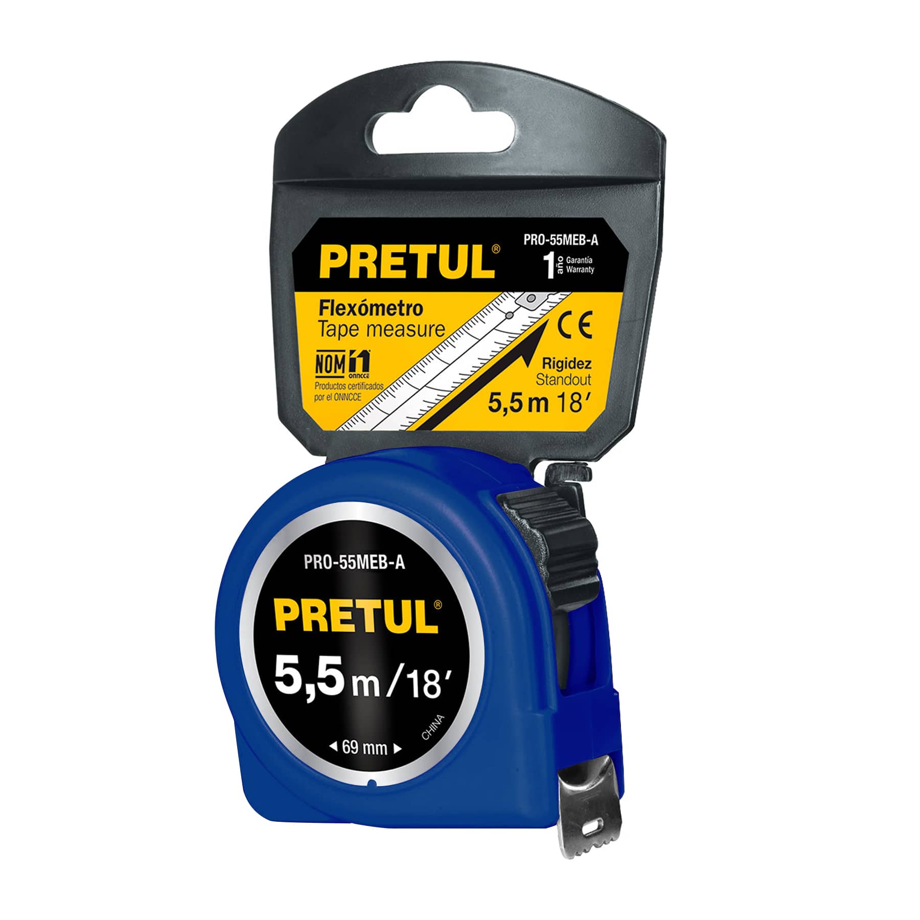 Flexómetro azul 5.5 m cinta 25 mm, en tarjeta, Pretul PRO-55MEB-A 28023 MM1