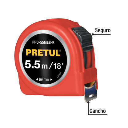 Flexómetro verde 5.5 m cinta 25 mm, en tarjeta, Pretul PRO-55MEB-R 28024 MM1