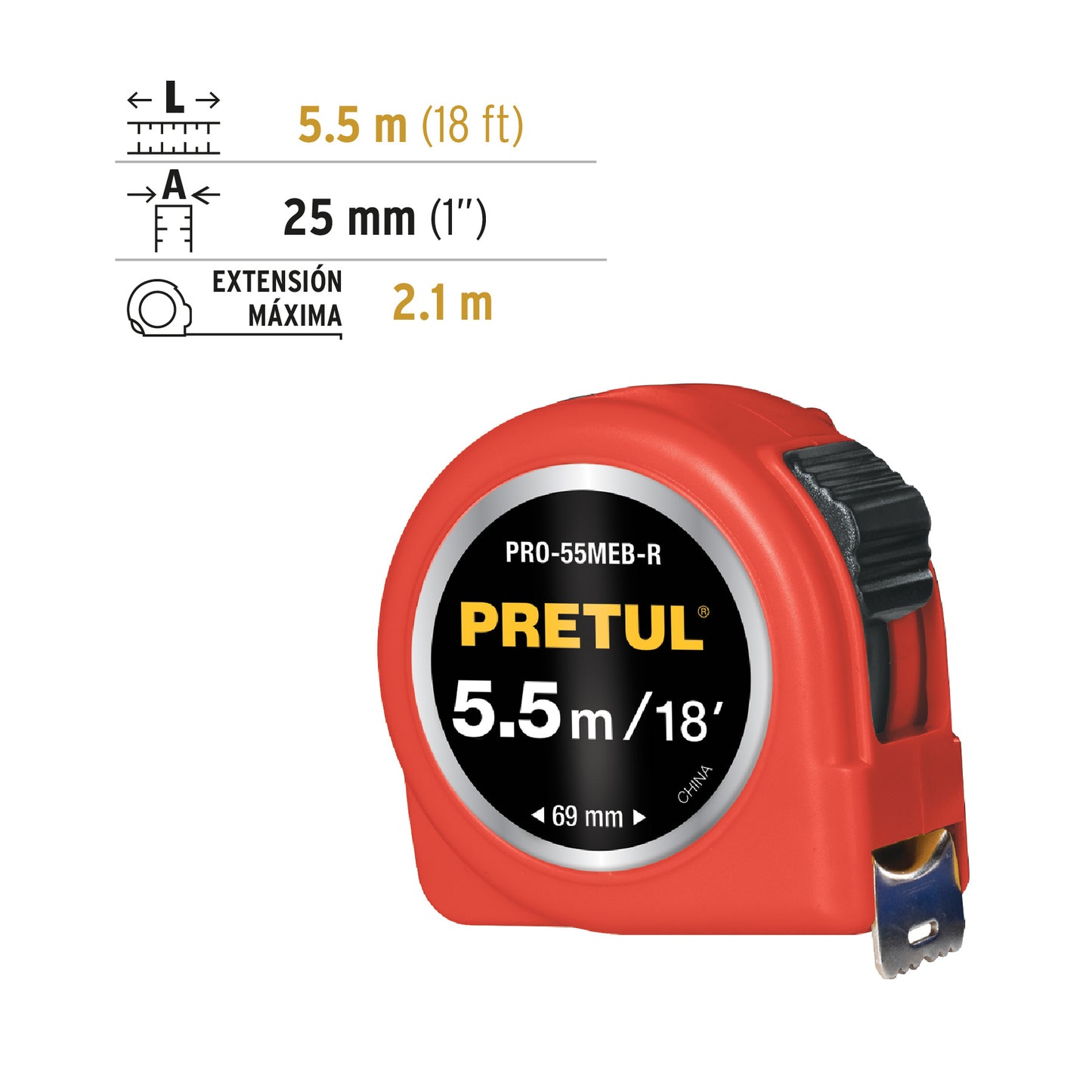 Flexómetro verde 5.5 m cinta 25 mm, en tarjeta, Pretul PRO-55MEB-R 28024 MM1