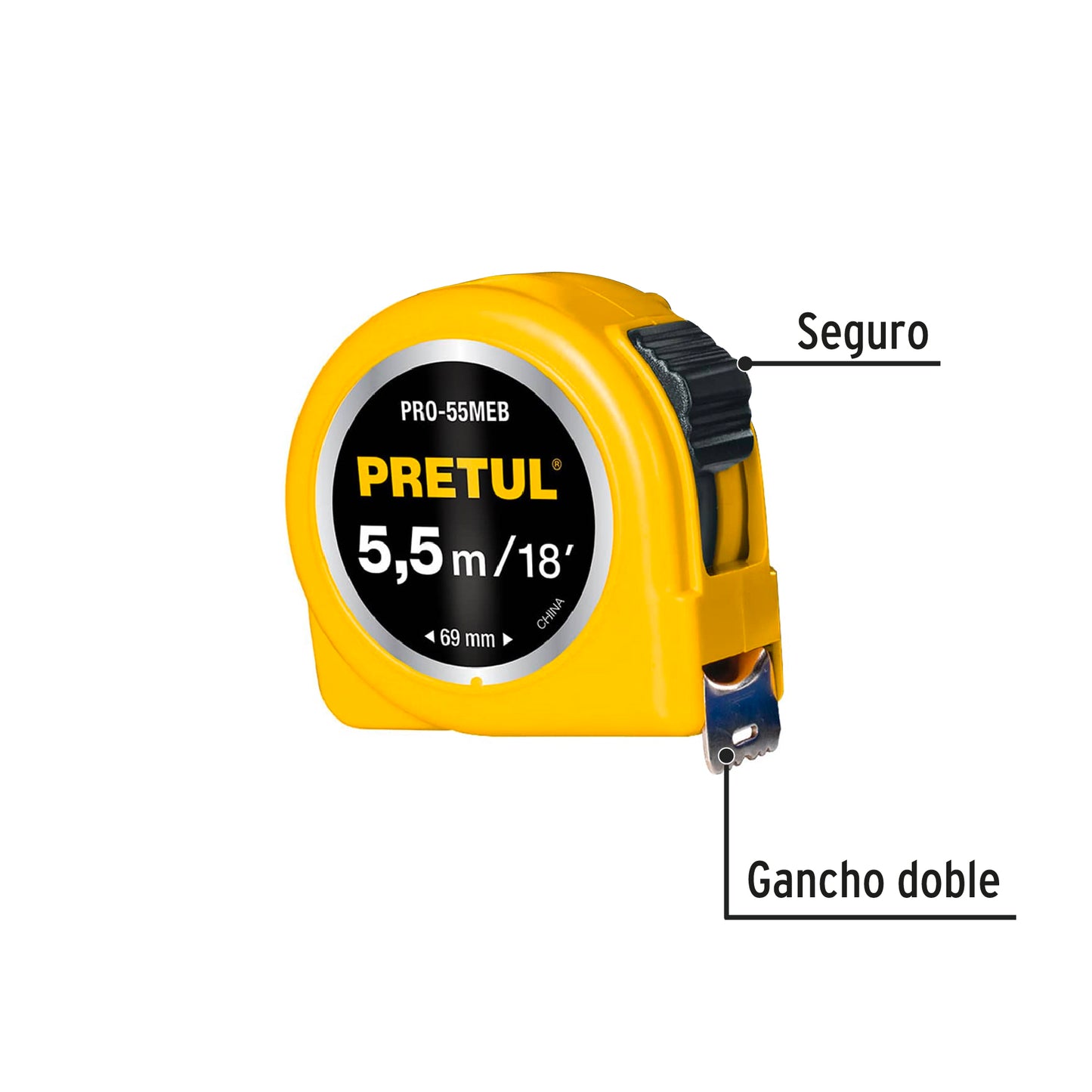 Flexómetro amarillo 5.5 m cinta 25 mm, en tarjeta, Pretul PRO-55MEB 28022 MM1