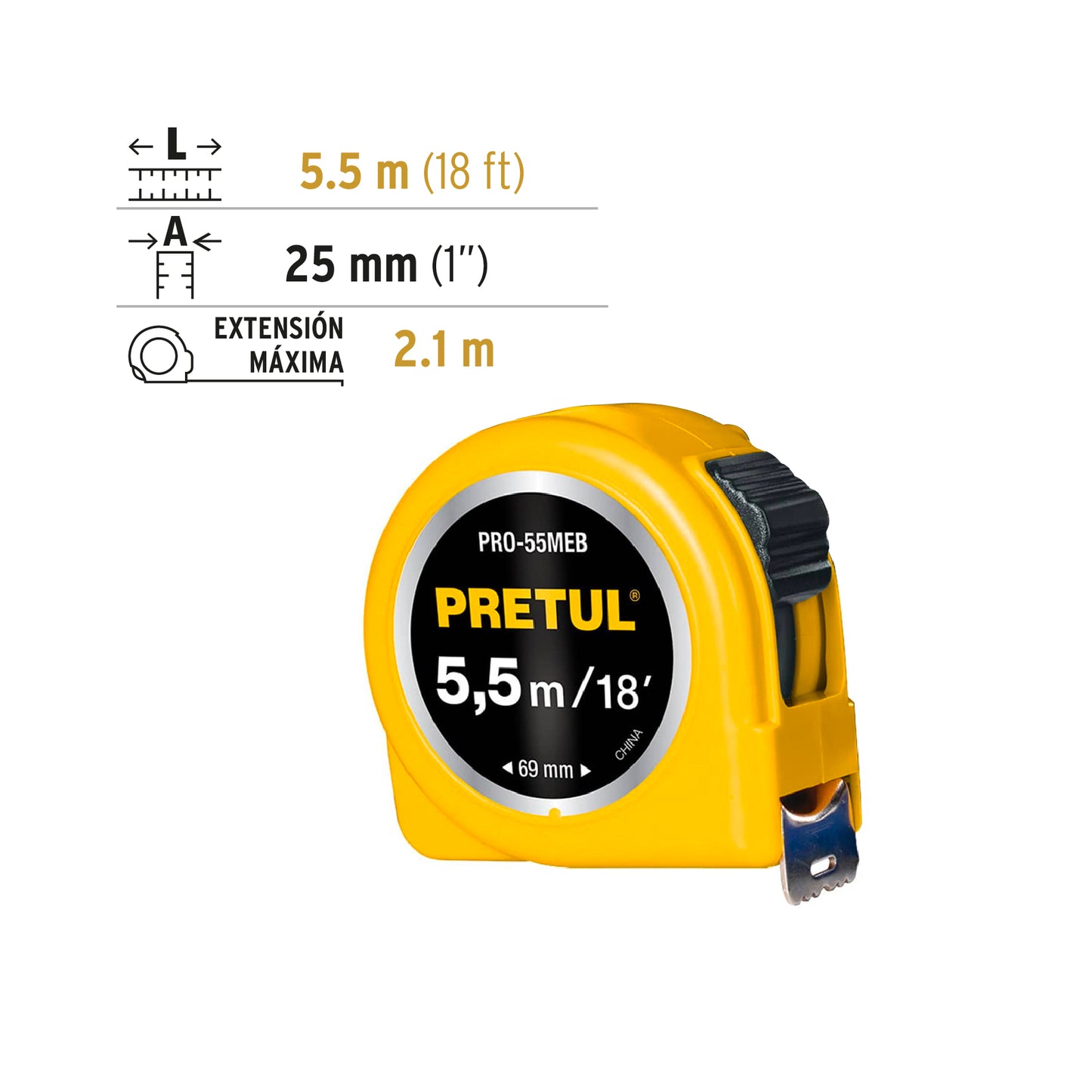 Flexómetro amarillo 5.5 m cinta 25 mm, en tarjeta, Pretul PRO-55MEB 28022 MM1