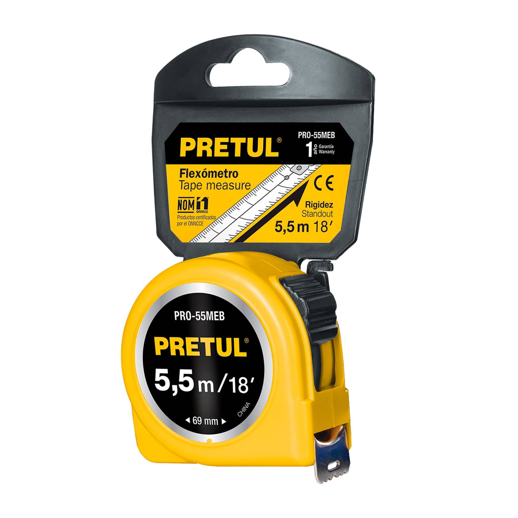 Flexómetro amarillo 5.5 m cinta 25 mm, en tarjeta, Pretul PRO-55MEB 28022 MM1