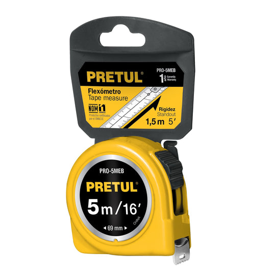 Flexómetro amarillo 5 m cinta 19 mm, en tarjeta, Pretul PRO-5MEB 21606 MM1