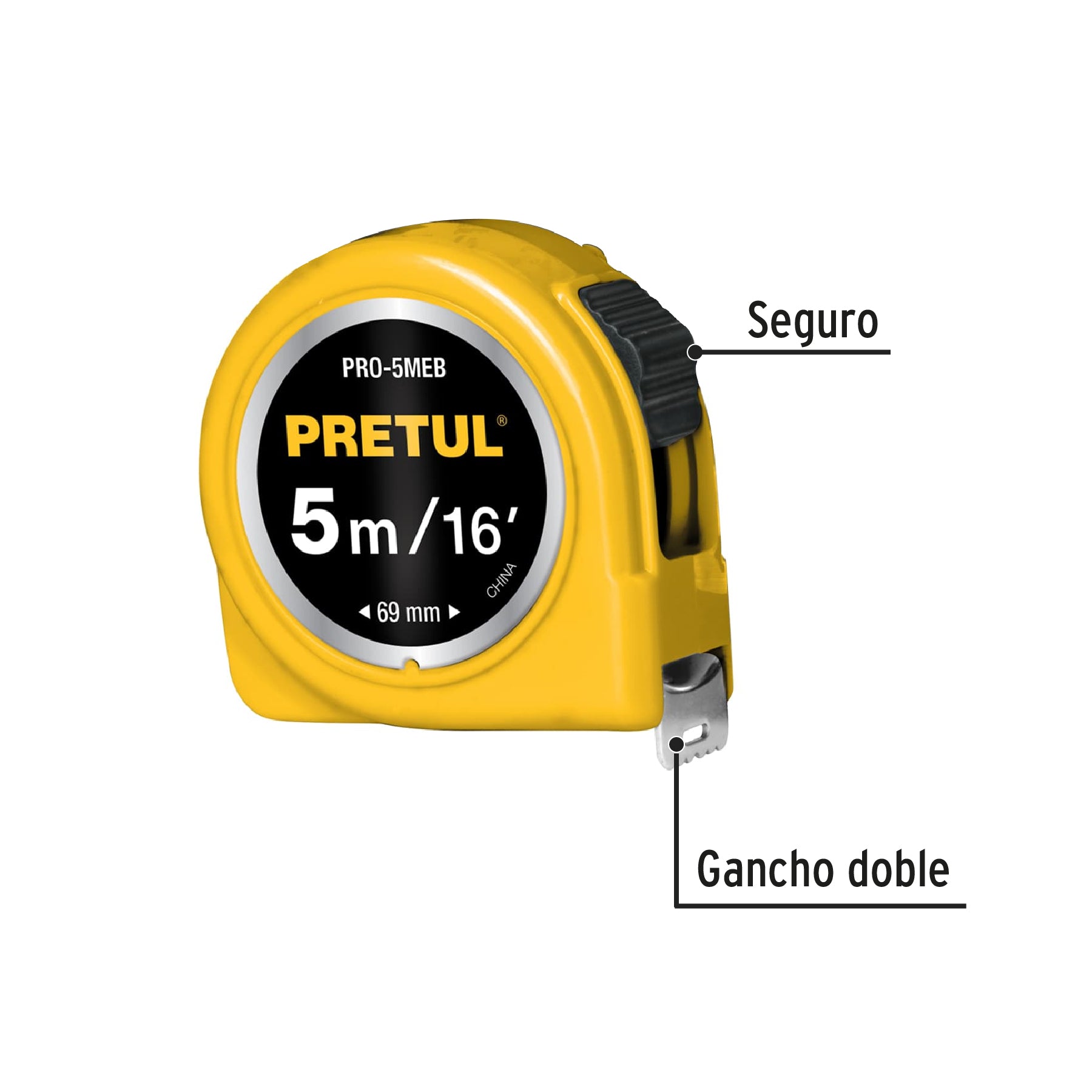 Flexómetro amarillo 5 m cinta 19 mm, en tarjeta, Pretul PRO-5MEB 21606 MM1