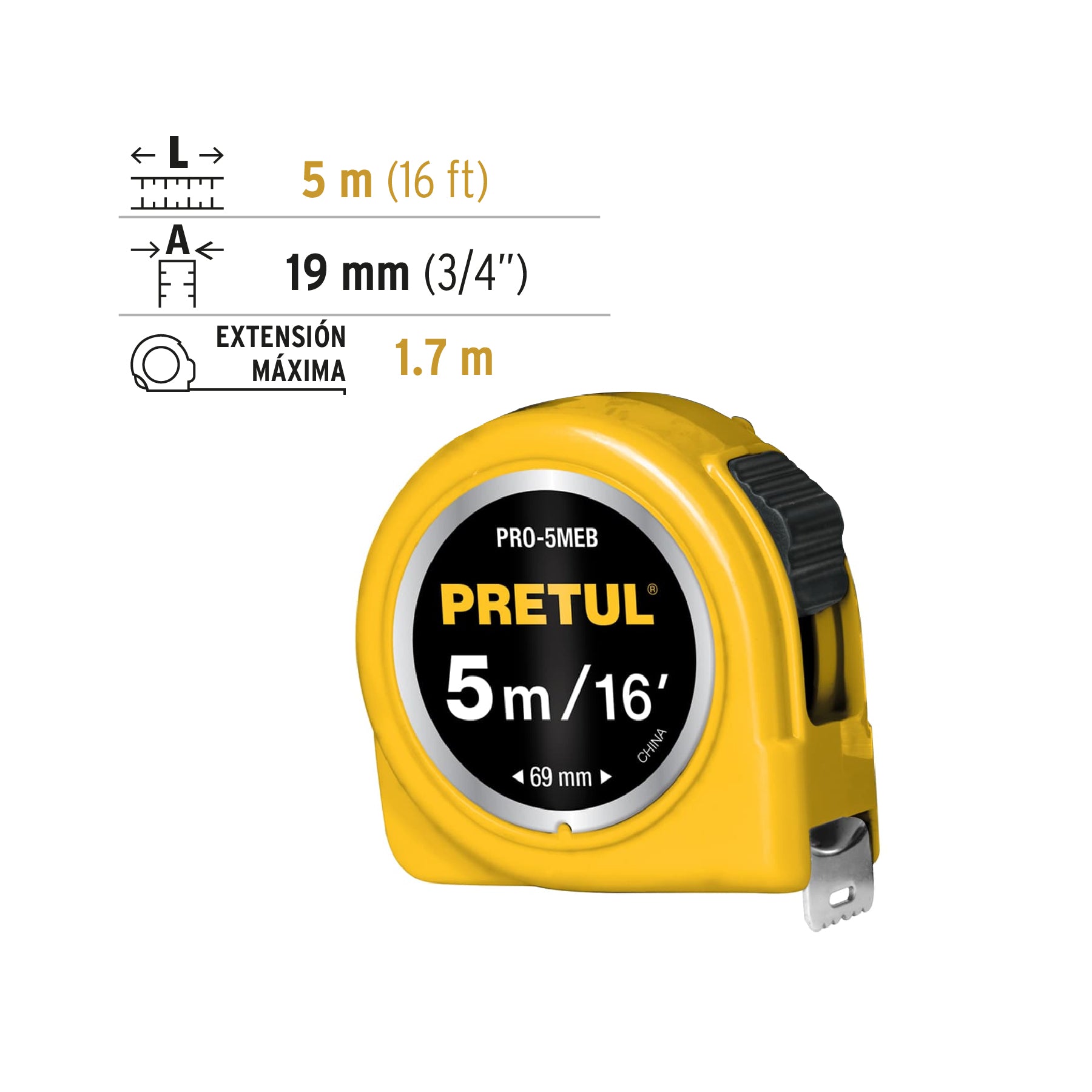 Flexómetro amarillo 5 m cinta 19 mm, en tarjeta, Pretul PRO-5MEB 21606 MM1