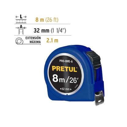 Flexómetro azul 8 m cinta 25 mm, en tarjeta, Pretul PRO-8ME-A 29998 MM1