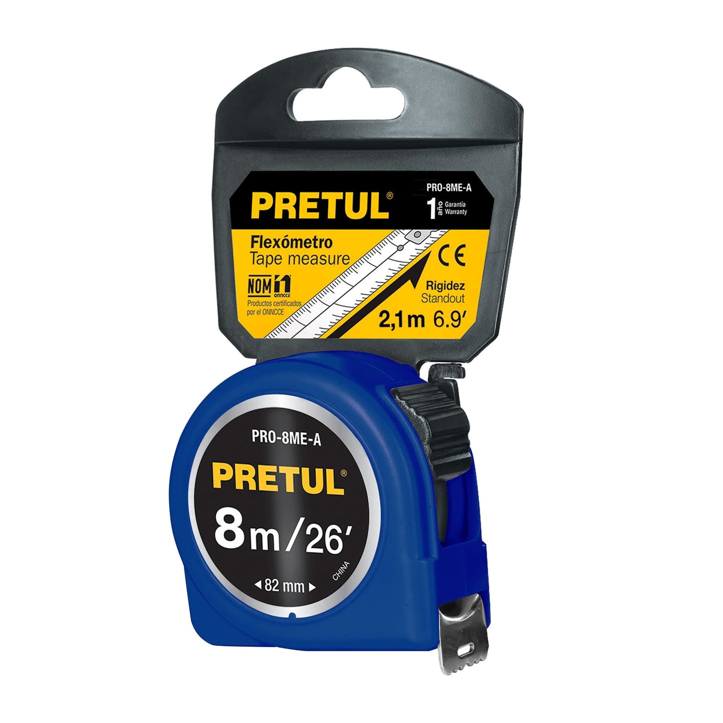 Flexómetro azul 8 m cinta 25 mm, en tarjeta, Pretul PRO-8ME-A 29998 MM1