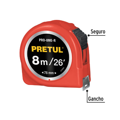 Flexómetro verde 8 m cinta 25 mm, en tarjeta, Pretul PRO-8ME-R 29999 MM1