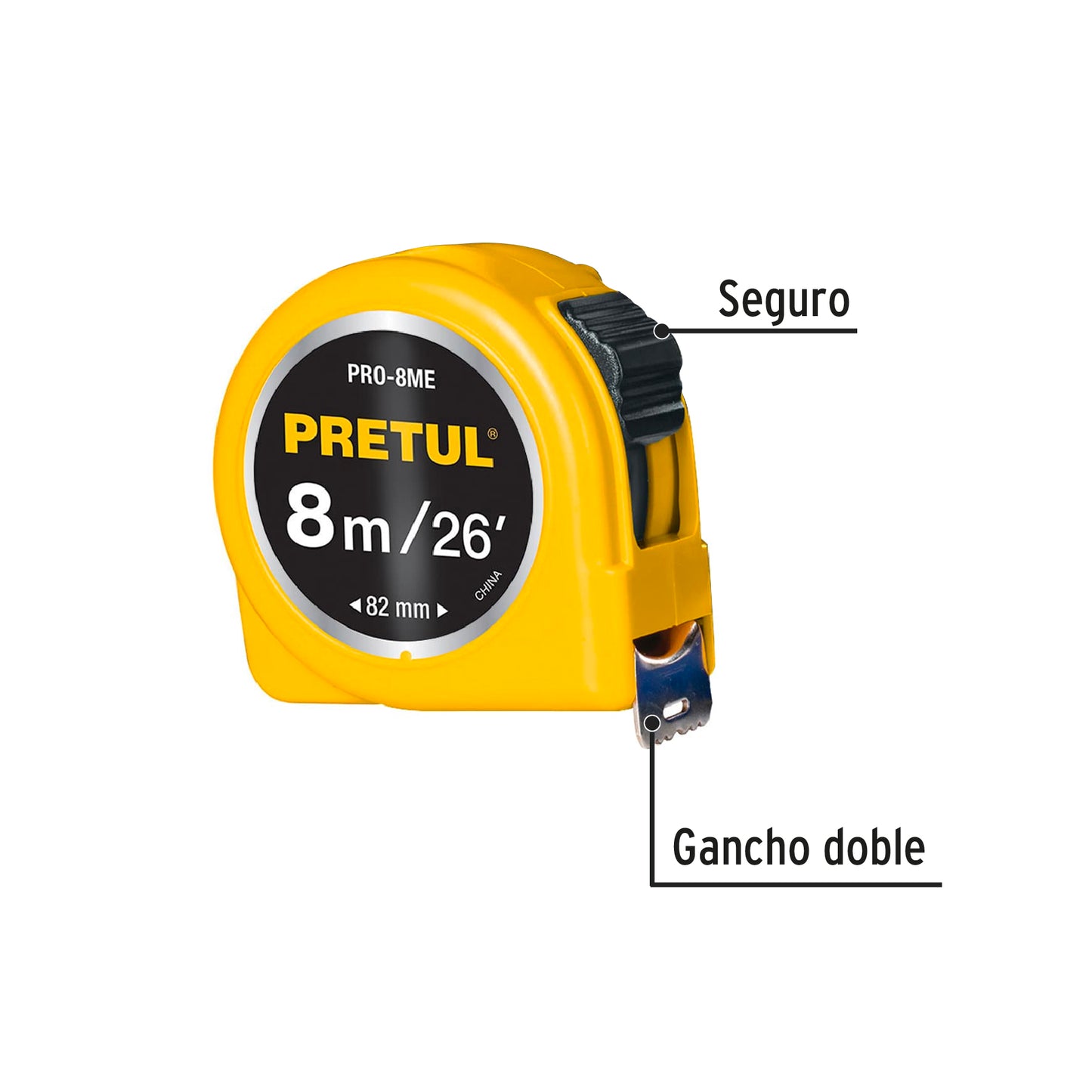 Flexómetro amarillo 8 m cinta 25 mm, en tarjeta, Pretul PRO-8ME 21603 MM1