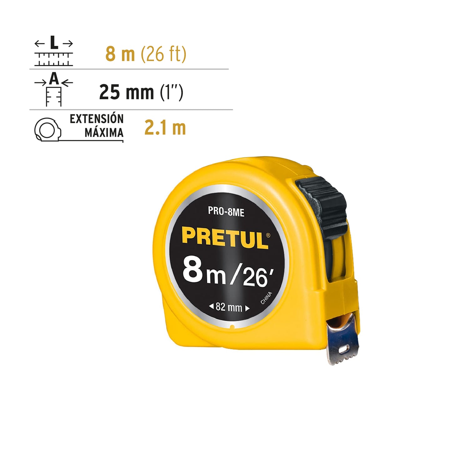 Flexómetro amarillo 8 m cinta 25 mm, en tarjeta, Pretul PRO-8ME 21603 MM1