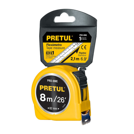 Flexómetro amarillo 8 m cinta 25 mm, en tarjeta, Pretul PRO-8ME 21603 MM1