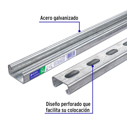 Perfil unicanal perforado de 3 m, 4 x 2 cm, cal. 14, Volteck PU-142P 47765 MM1