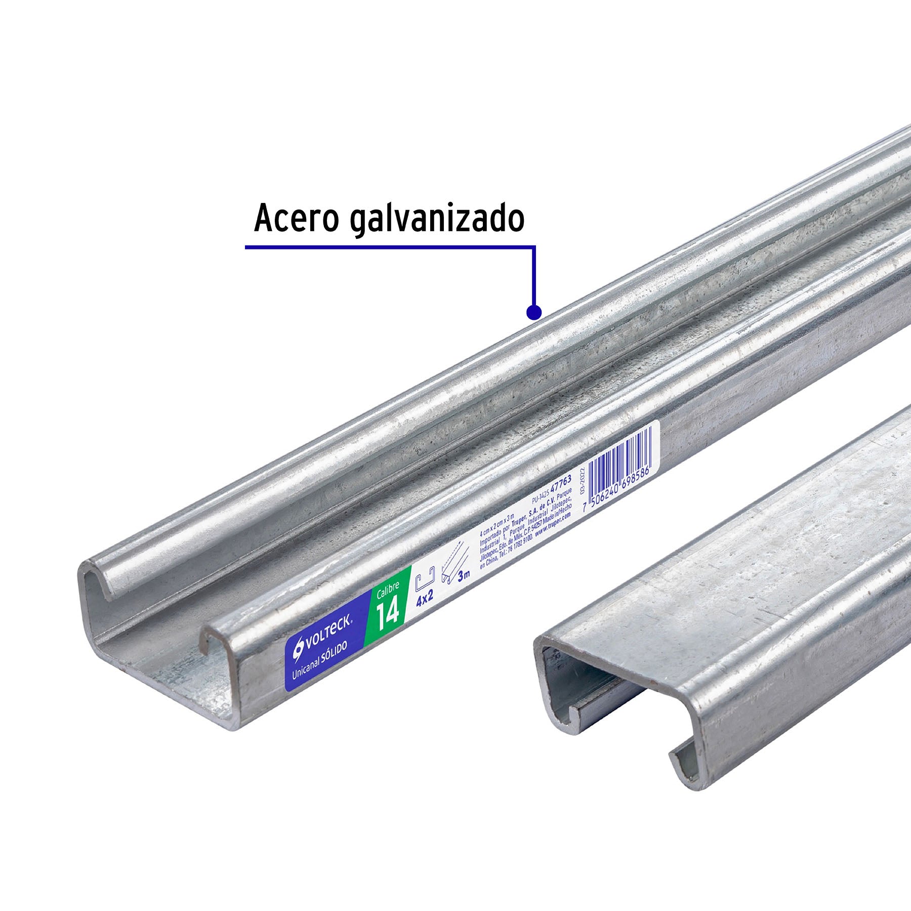 Perfil unicanal sólido de 3 m, 4 x 2 cm, calibre 14, Volteck PU-142S 47763 MM1