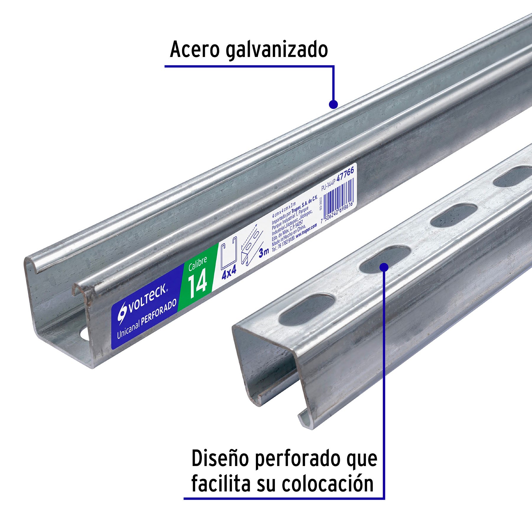 Perfil unicanal perforado de 3 m, 4 x 4 cm, cal. 14, Volteck PU-144P 47766 MM1