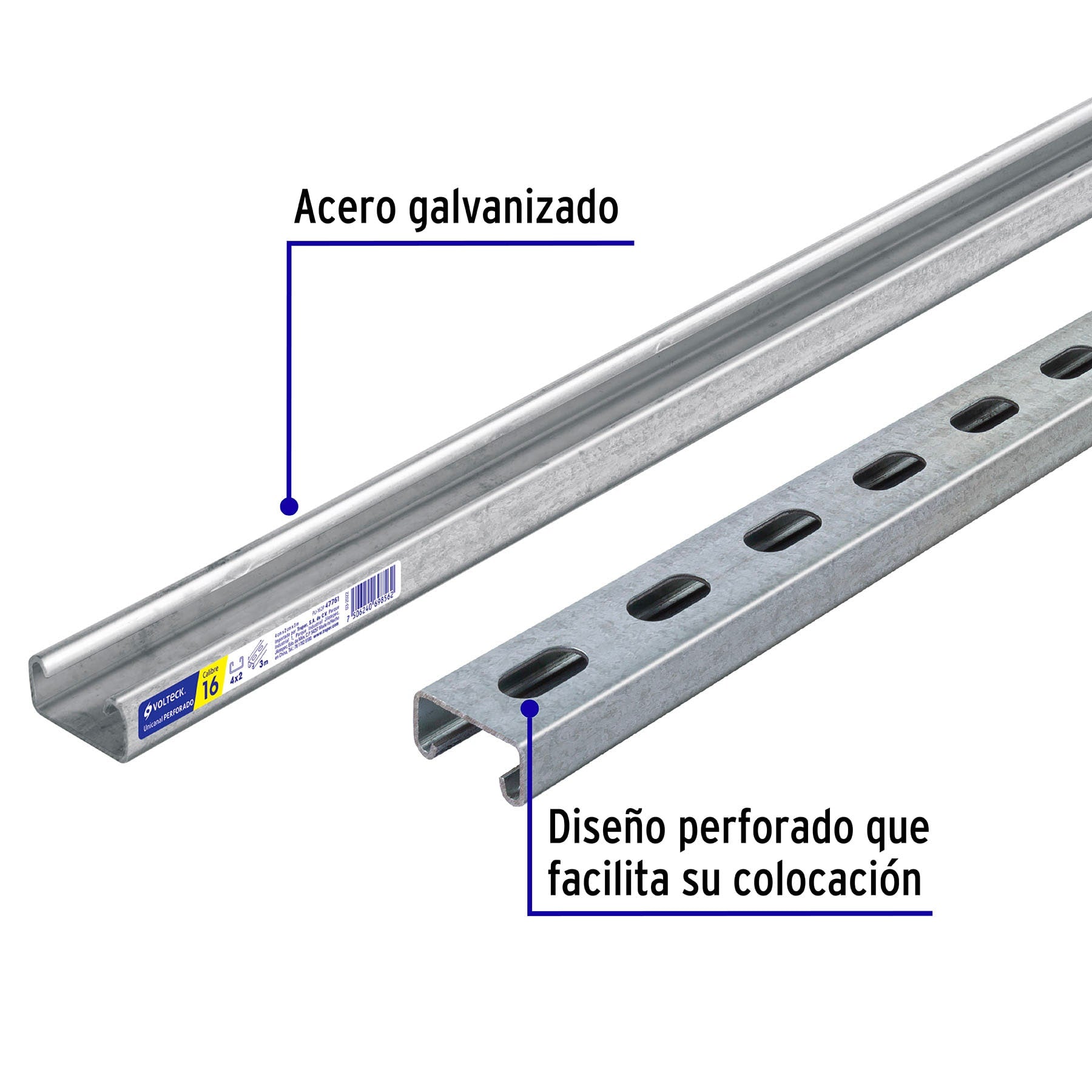 Perfil unicanal perforado de 3 m, 4 x 2 cm, cal. 16, Volteck PU-162P 47761 MM1