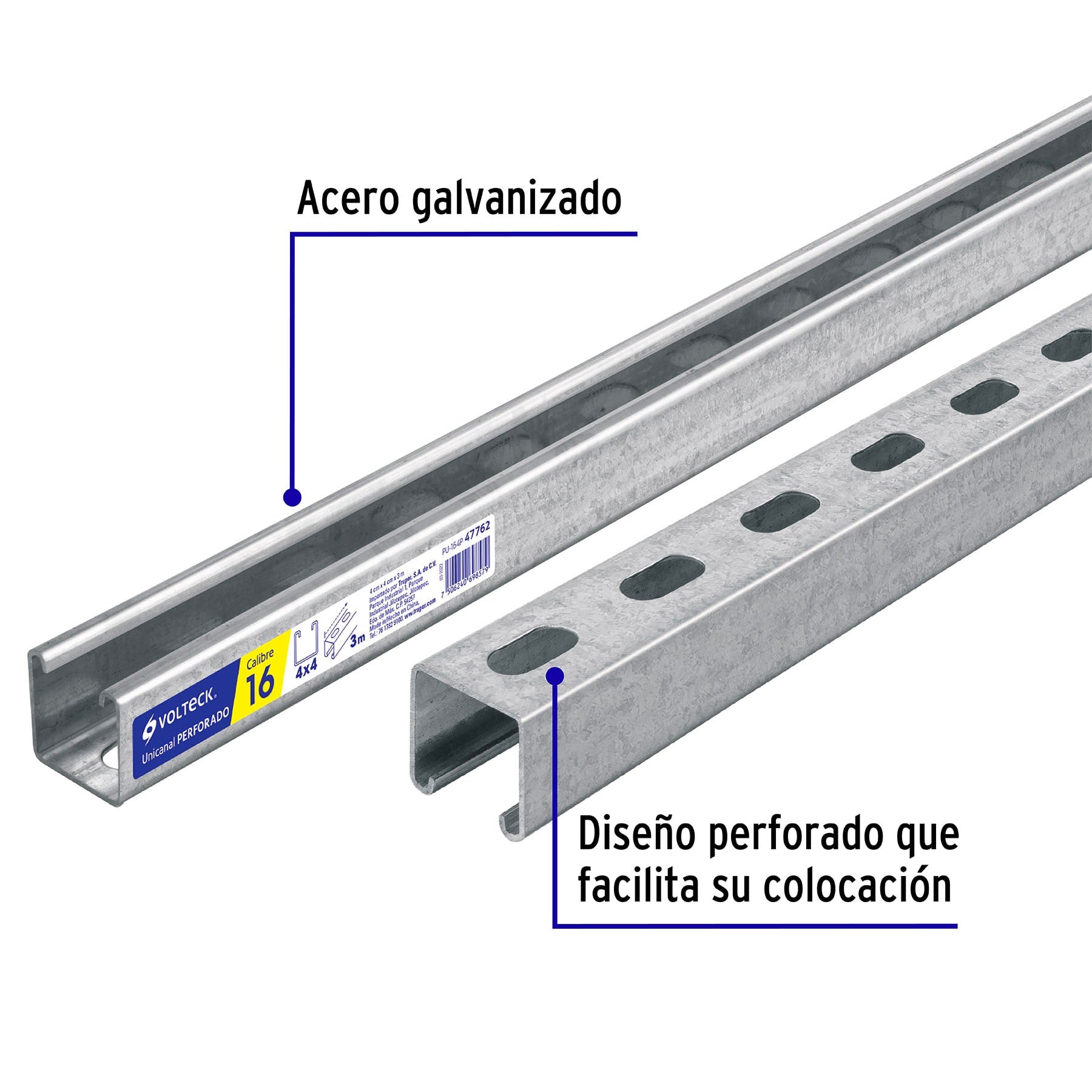 Perfil unicanal perforado de 3 m, 4 x 4 cm, cal. 16, Volteck PU-164P 47762 MM1