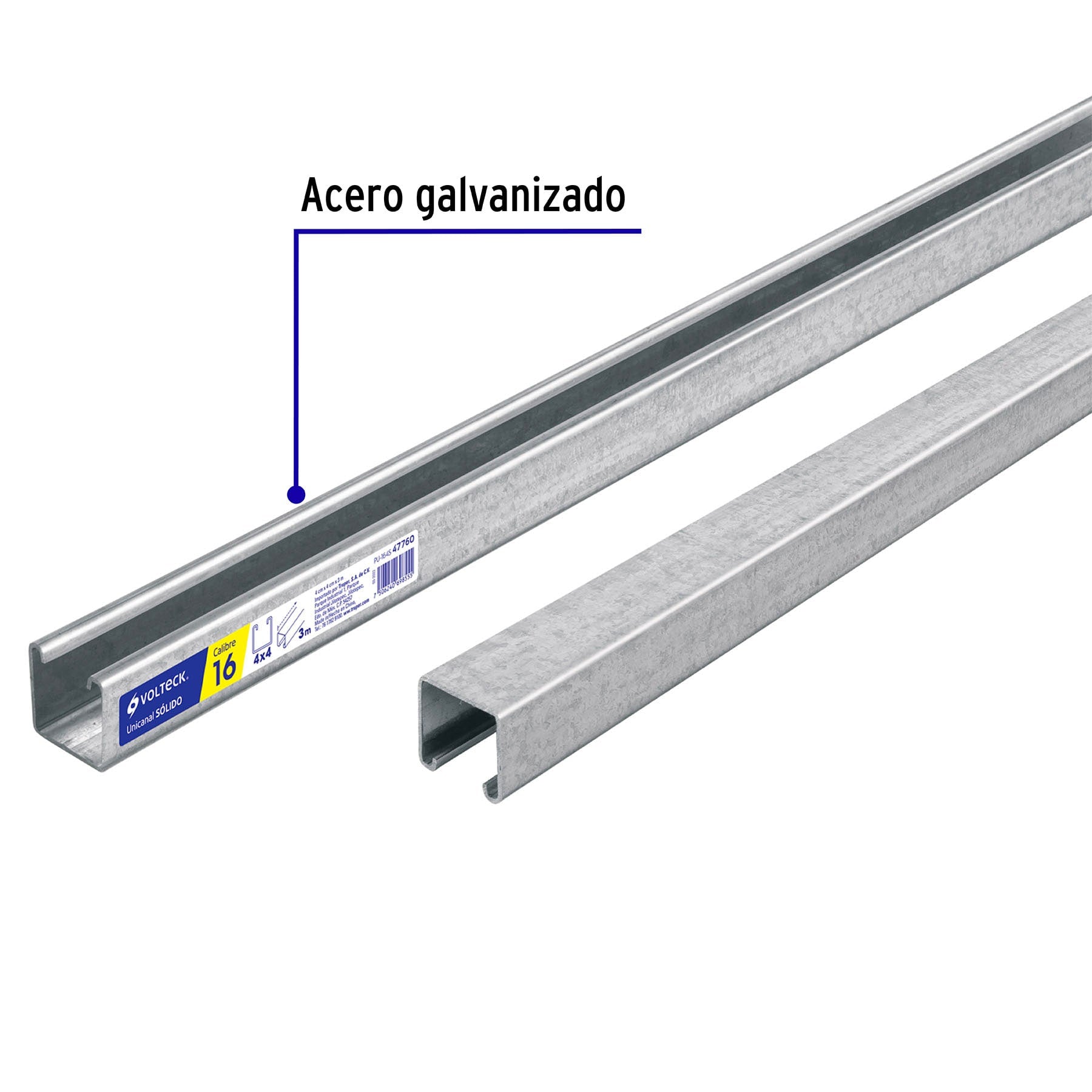 Perfil unicanal sólido de 3 m, 4 x 4 cm, calibre 16, Volteck PU-164S 47760 MM1