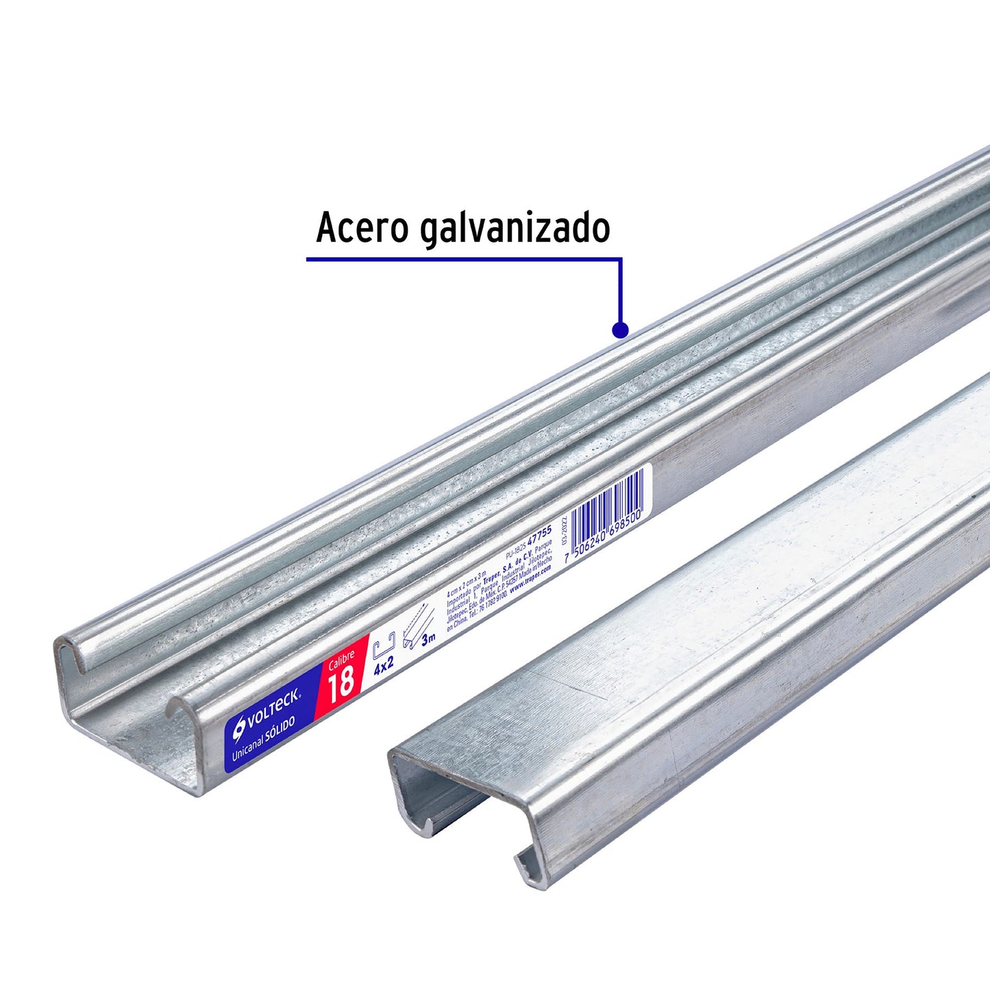 Perfil unicanal sólido de 3 m, 4 x 2 cm, calibre 18, Volteck PU-182S 47755 MM1