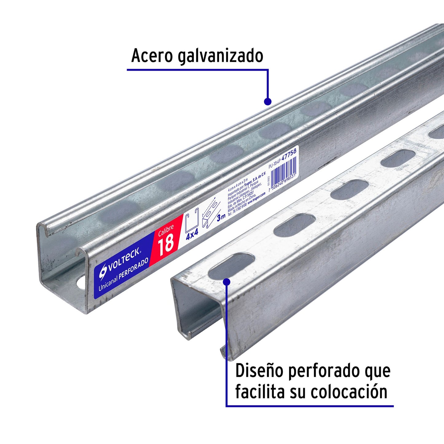 Perfil unicanal perforado de 3 m, 4 x 4 cm, cal. 18, Volteck PU-184P 47758 MM1