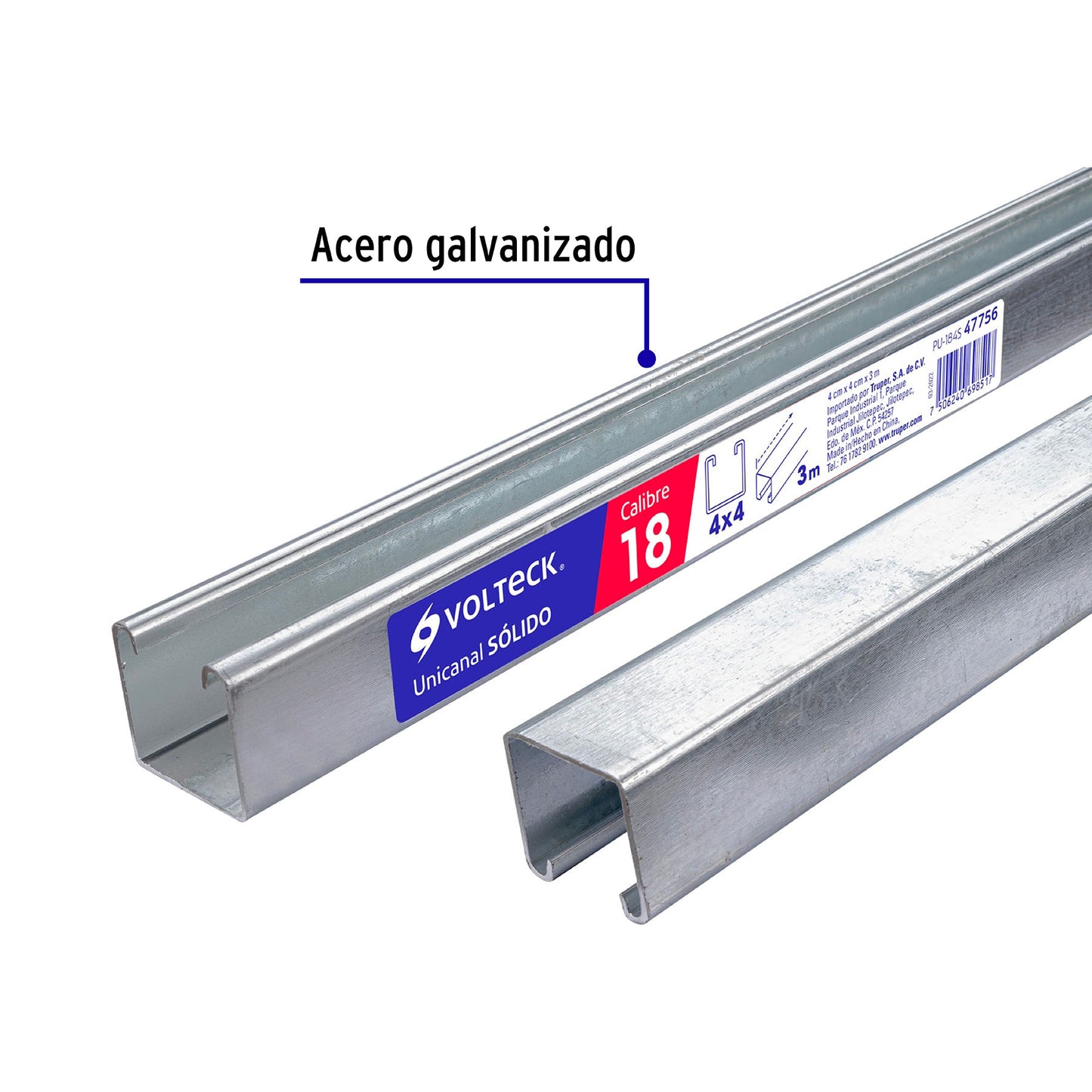 Perfil unicanal sólido de 3 m, 4 x 4 cm, calibre 18, Volteck PU-184S 47756 MM1