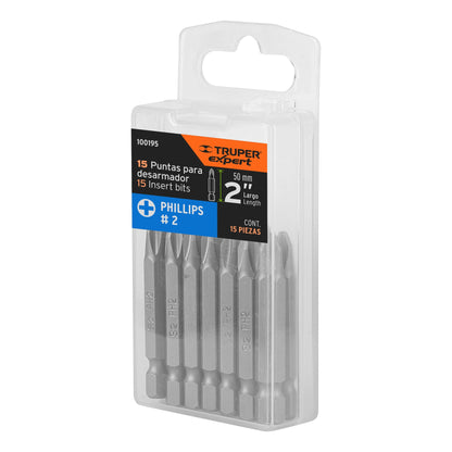 Estuche con 15 puntas de cruz PH2 largo 2', Truper Expert PUDE-1202-15 100195 MM00