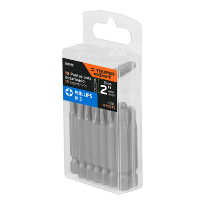 Estuche con 15 puntas de cruz PH3 largo 2', Truper Expert PUDE-1203-15 100196 MM00