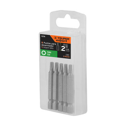 Estuche con 5 puntas torx T20 largo 2', Truper Expert PUDE-5220 12216 MM00