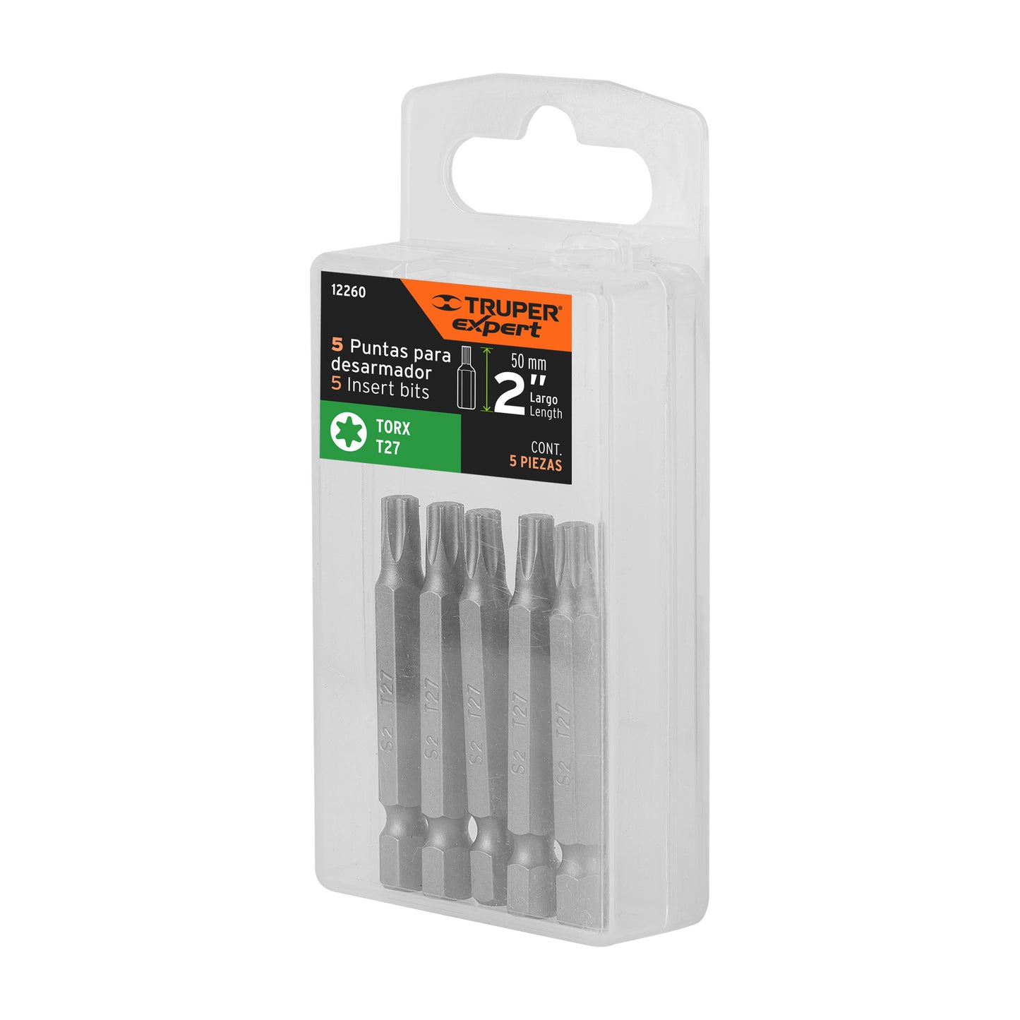 Estuche con 5 puntas torx T27 largo 2', Truper Expert PUDE-5227 12260 MM00