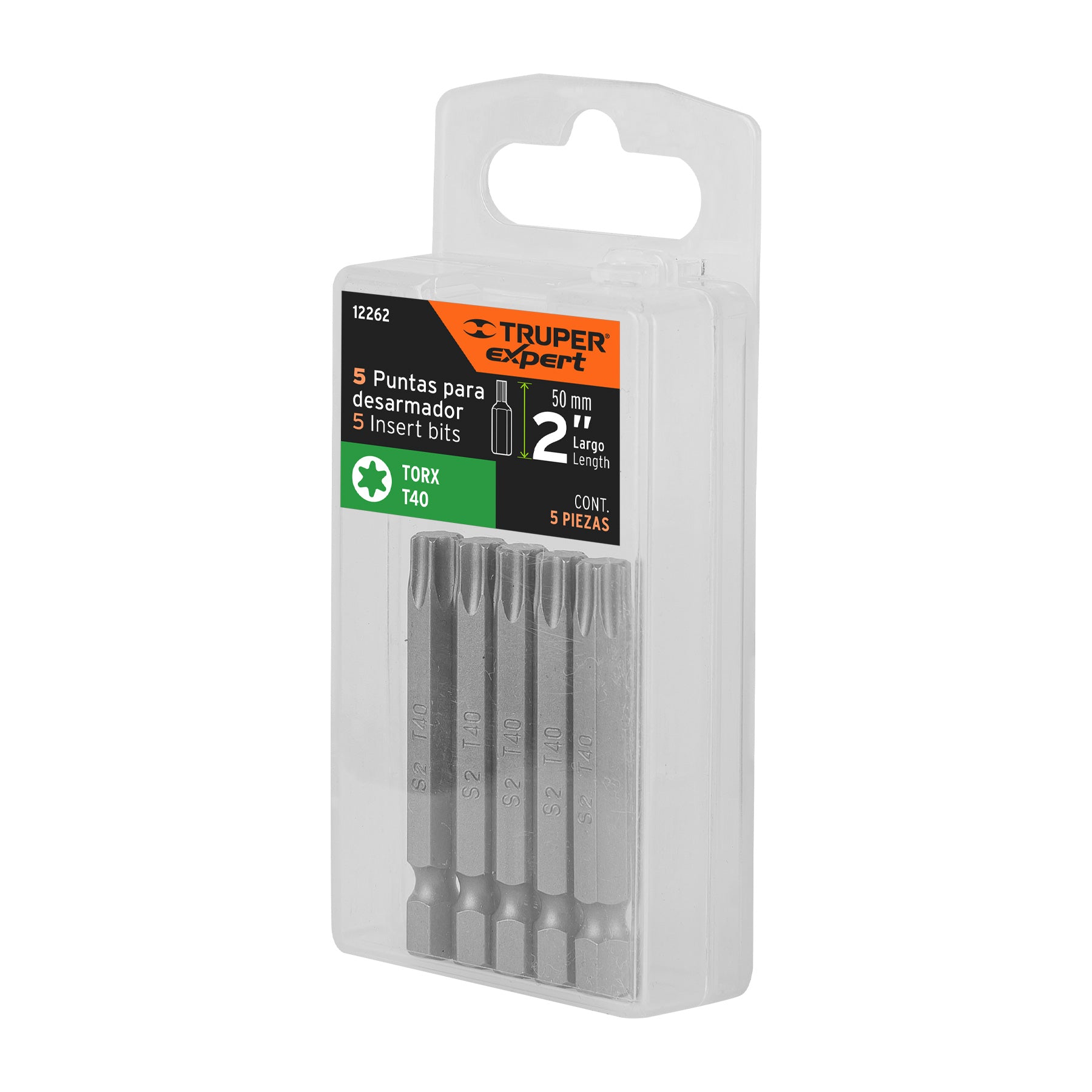 Estuche con 5 puntas torx T40 largo 2', Truper Expert PUDE-5240 12262 MM00