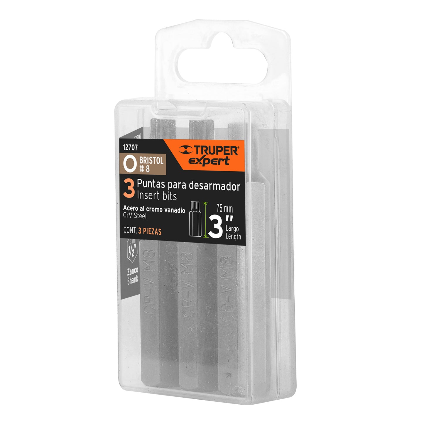 Estuche con 3 puntas bristol M8 largo 3', Truper Expert PUDE-8208 12707 MM00