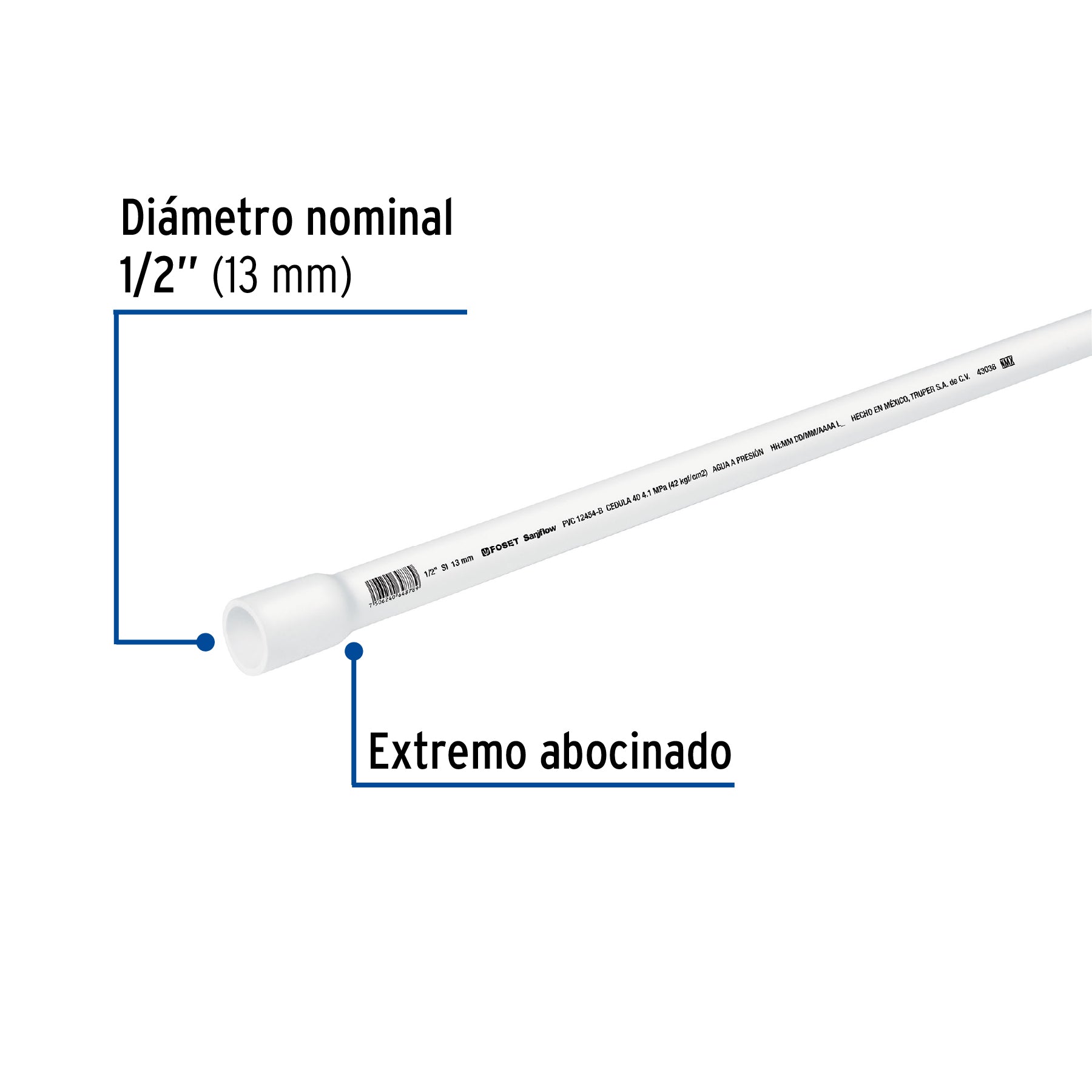 Tubo de 1/2' de PVC hidráulico cédula 40, de 3 m, Foset PVC-001 43038 MM1