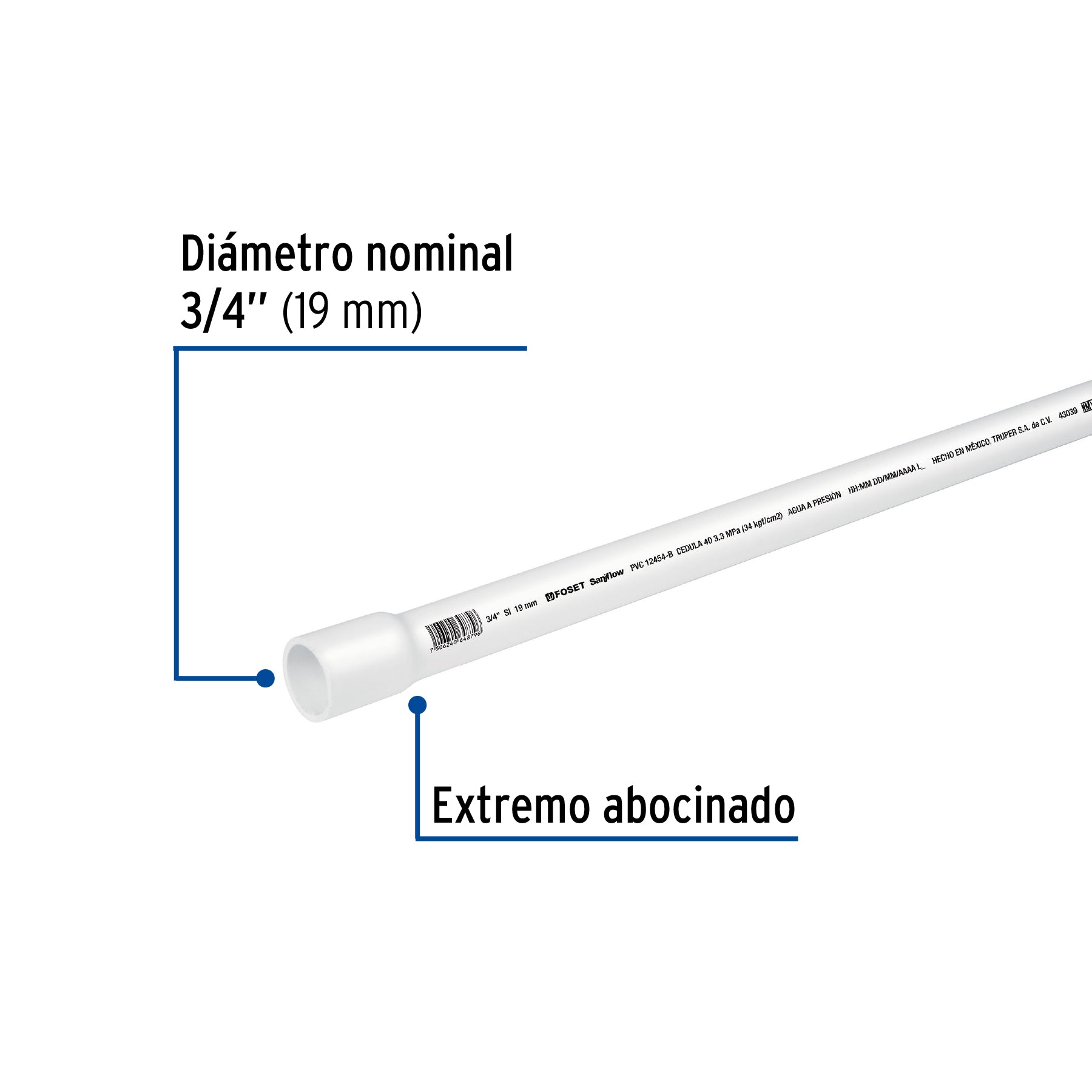 Tubo de 3/4' de PVC hidráulico cédula 40, de 3 m, Foset PVC-002 43039 MM1