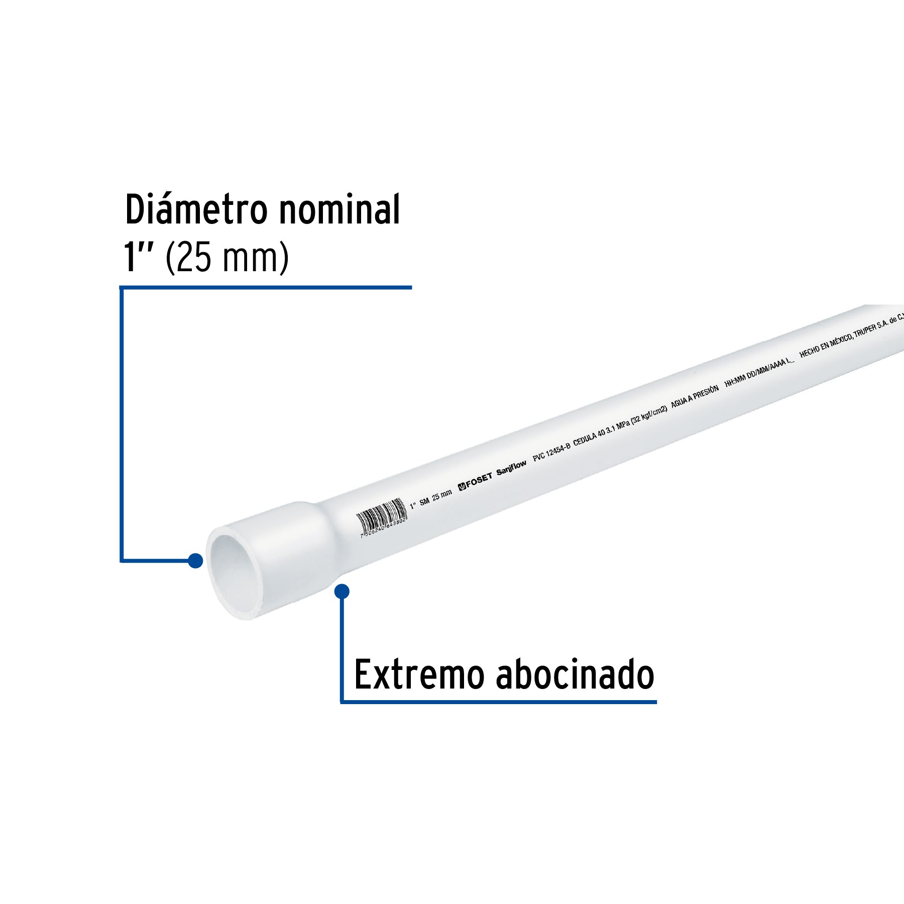 Tubo de 1' de PVC hidráulico cédula 40, de 3 m, Foset PVC-003 43040 MM1