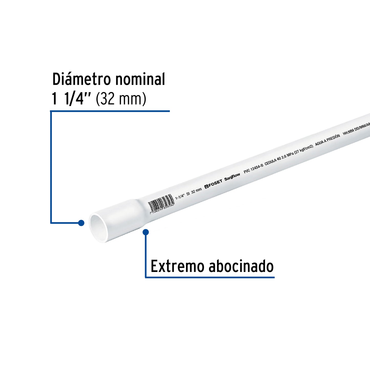 Tubo de 1-1/4' de PVC hidráulico cédula 40, de 3 m, Foset PVC-004 45520 MM1