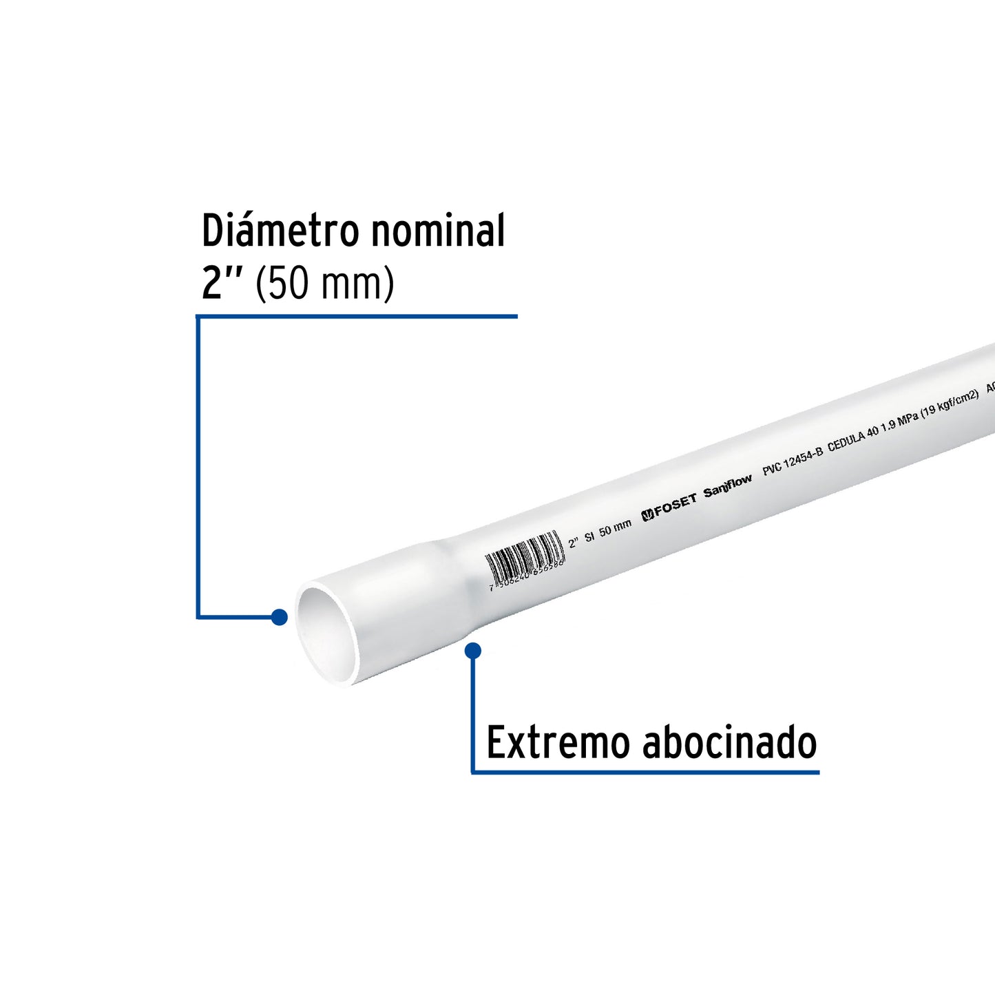 Tubo de 2' de PVC hidráulico cédula 40, de 3 m, Foset PVC-006 45522 MM1