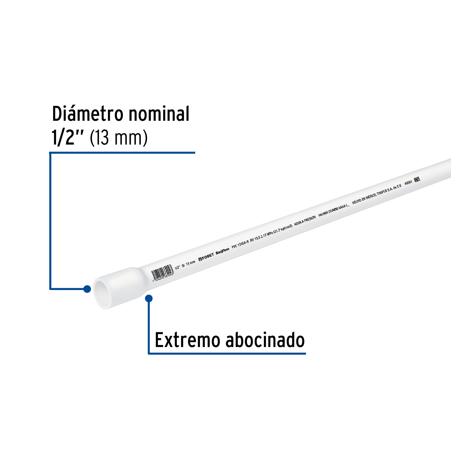 Tubo de 3 m de PVC de 1/2' hidráulico RD 21, Foset PVC-101 40081 MM1