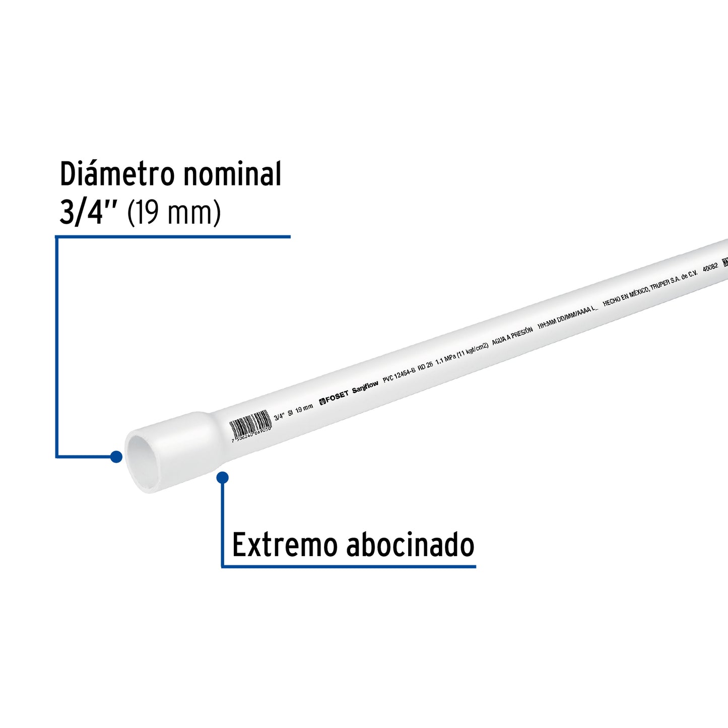 Tubo de 3 m de PVC de 3/4' hidráulico RD 26, Foset PVC-102 40082 MM1