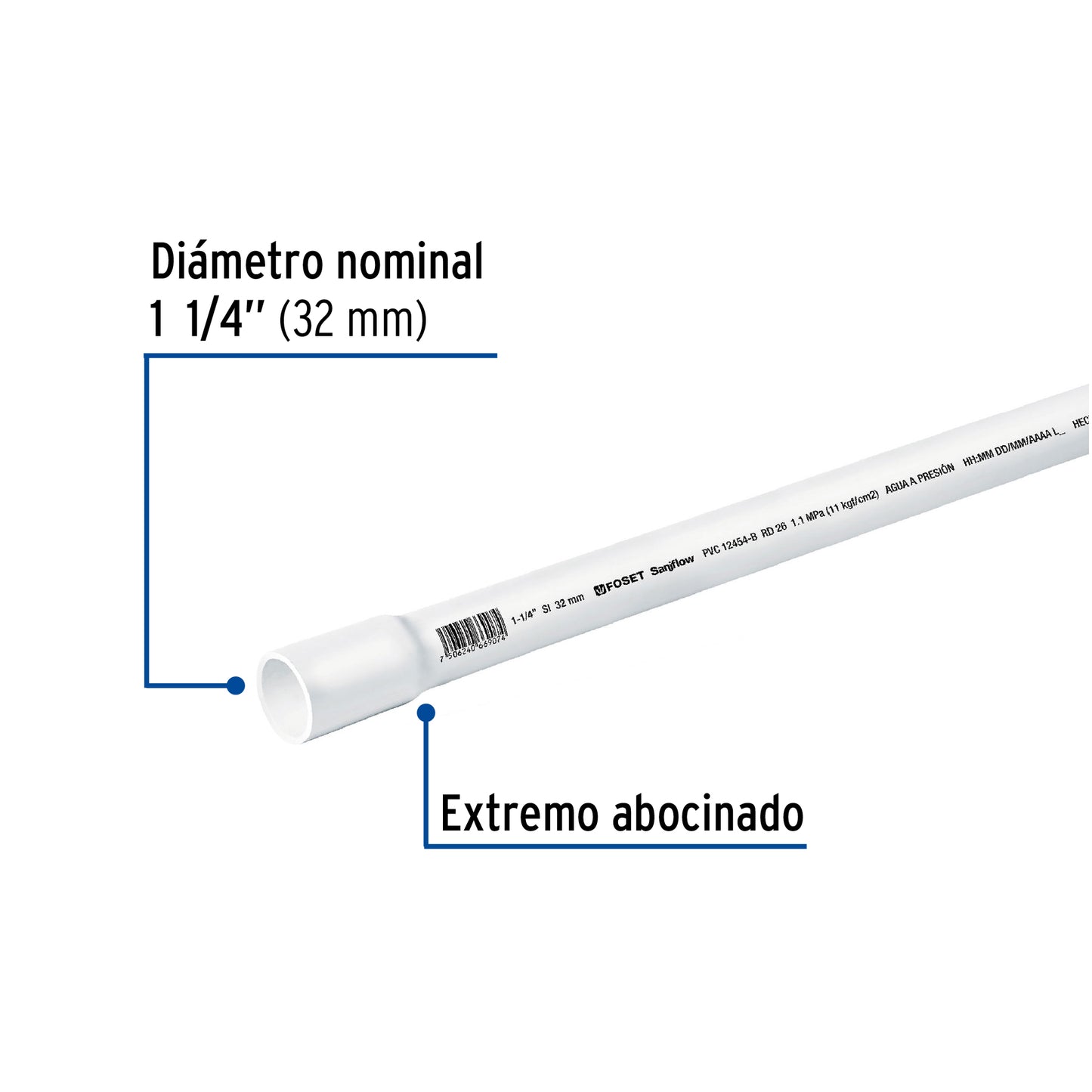 Tubo de 3 m de PVC de 1-1/4' hidráulico RD 26, Foset PVC-104 40084 MM1