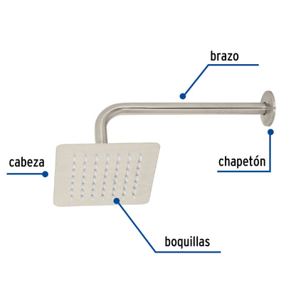 Regadera cuadrada 6', acero inox, con brazo, satín, Túbig R-414N 47742 MM00