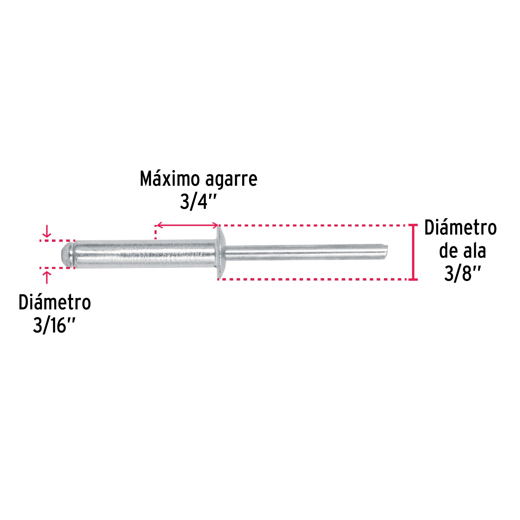 Bolsa con 50 remaches 3/16' x 3/4' de aluminio, ala 3/8' R-612B 44536 MM00