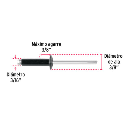 Bolsa c/50 remaches 3/16'x3/8' negros de aluminio, ala 3/8' R-66BN 46569 MM00