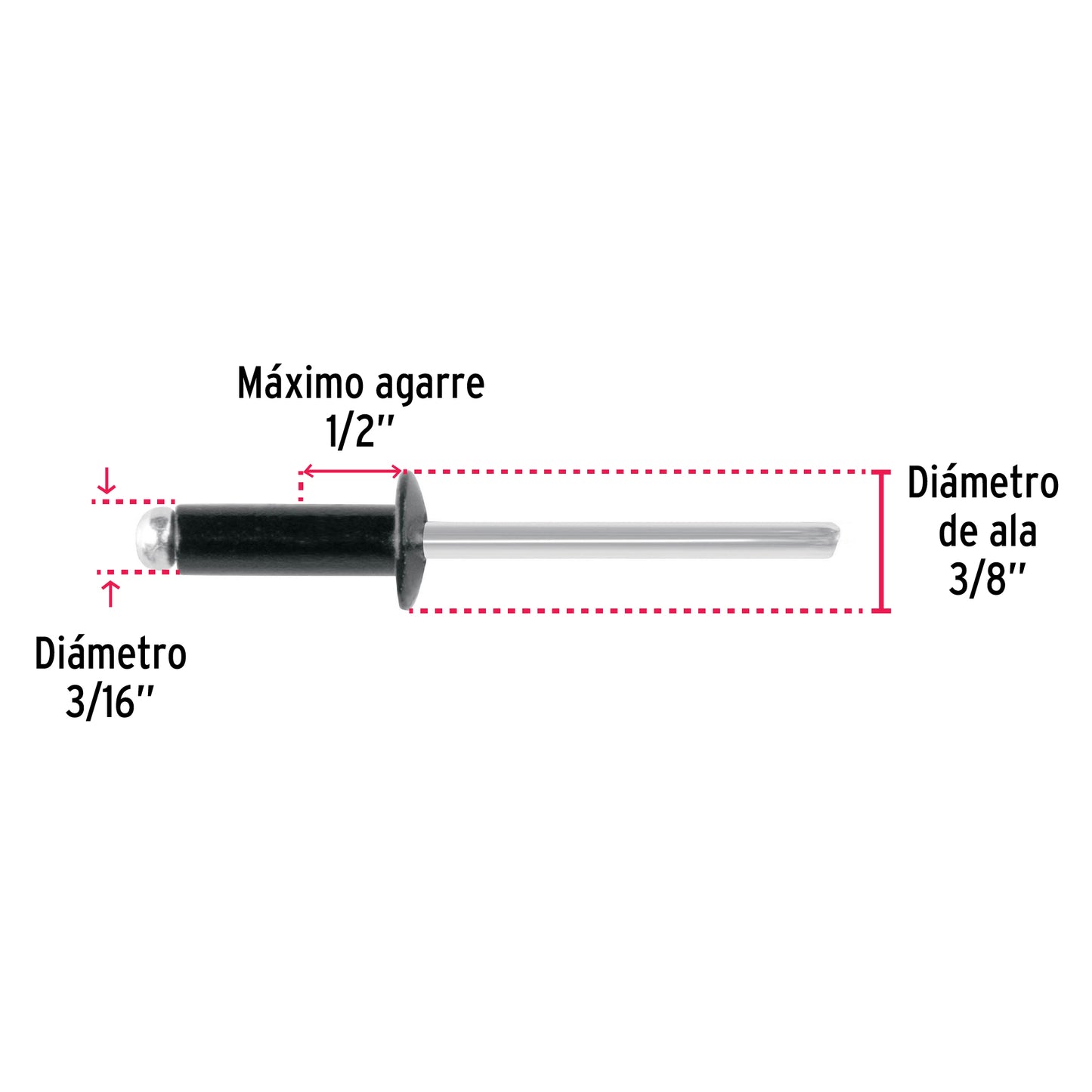 Bolsa c/50 remaches 3/16'x1/2' negros de aluminio, ala 3/8' R-68BN 46570 MM00