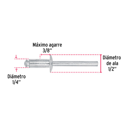 Bolsa con 50 remaches de 1/4' x 3/8' de aluminio, ala 1/2' R-86B 44533 MM00