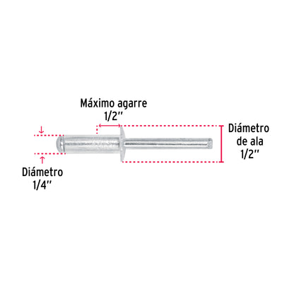 Bolsa con 50 remaches de 1/4' x 1/2' de aluminio, ala 1/2' R-88B 44534 MM00