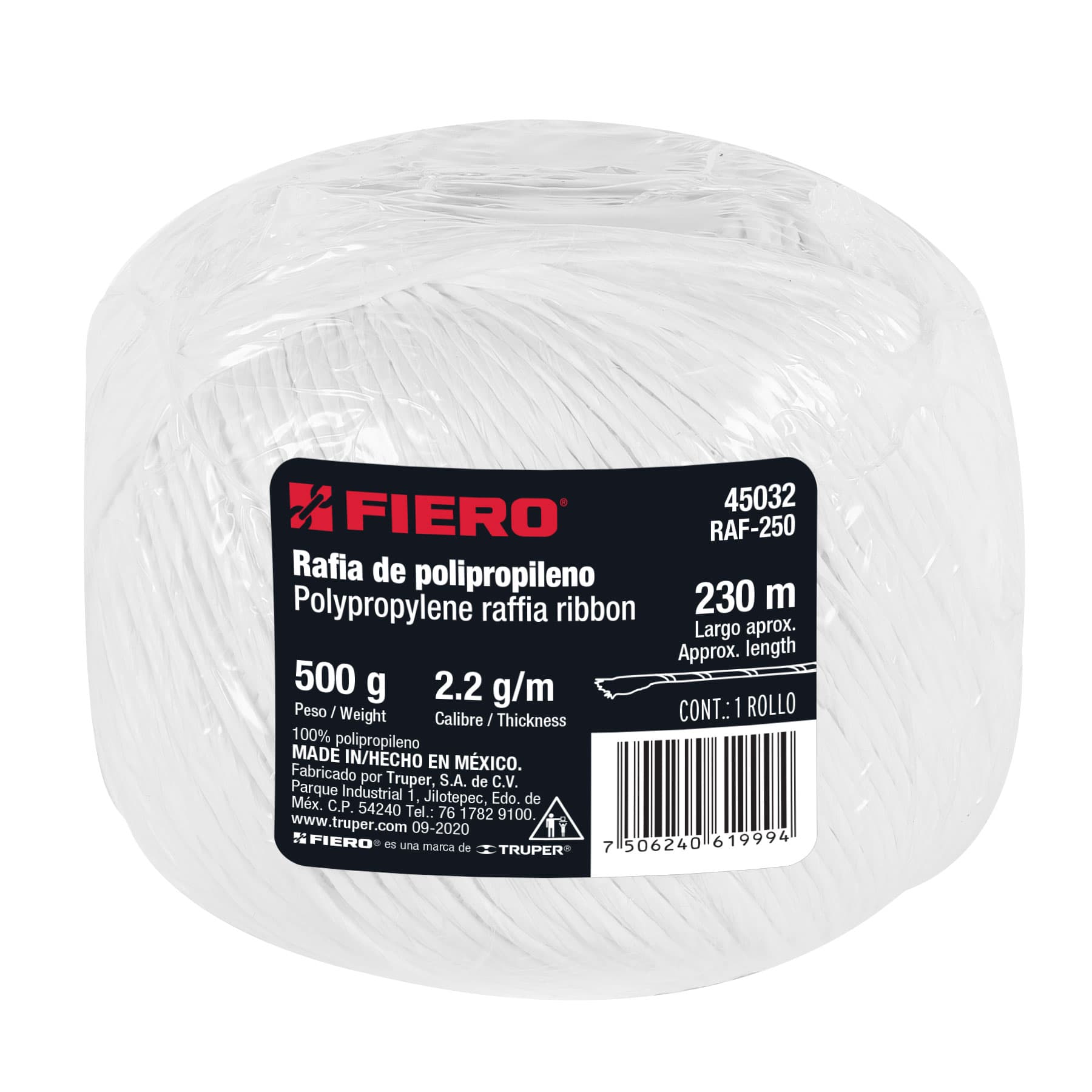 Rollo de rafia de 230 m color blanco calibre 2.2 g/m, Fiero RAF-250 45032 MM0