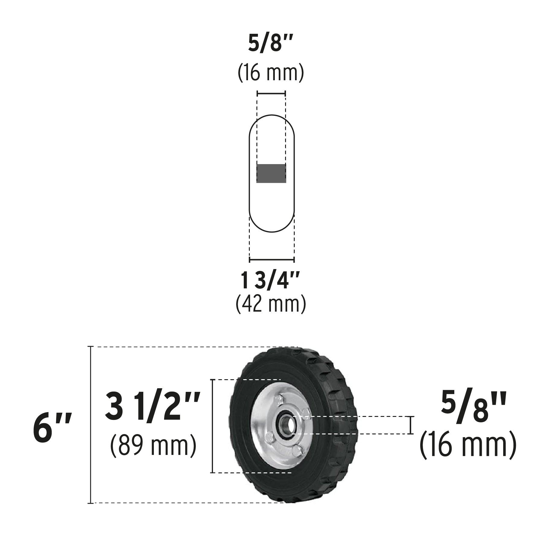 Rueda de hule sólido 6' para diablo, un balero, Pretul RD-61 45481 MM0