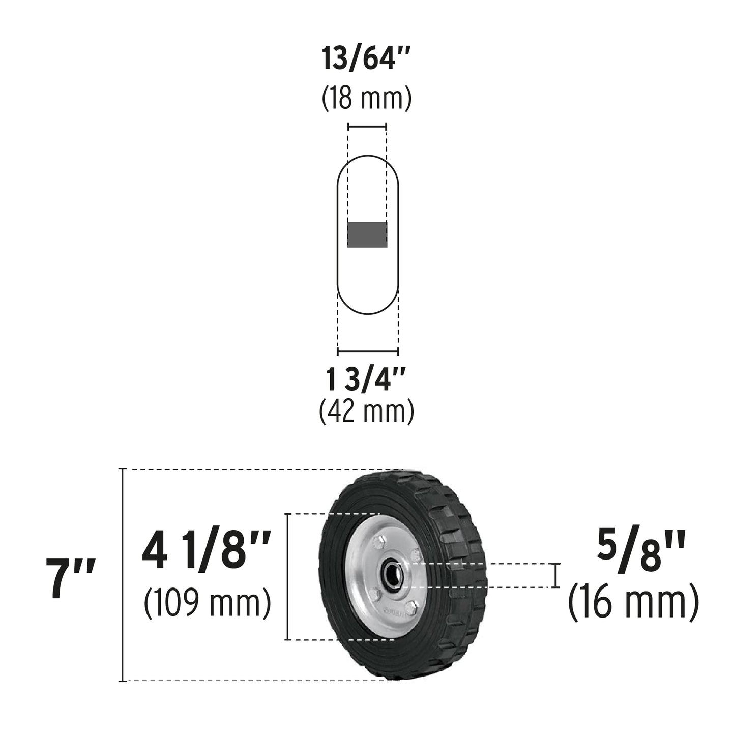 Rueda de hule sólido 7' para diablo, un balero, Pretul RD-71 45482 MM0