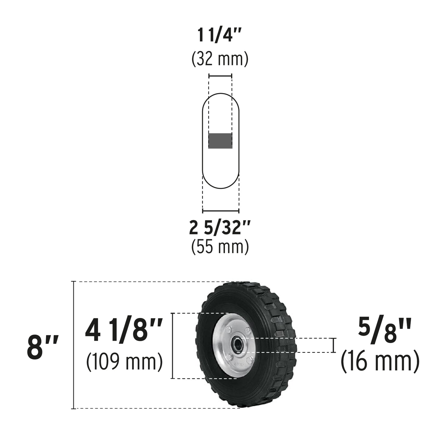 Rueda de hule sólido 8' para diablo, doble balero, Pretul RD-82 45485 MM0